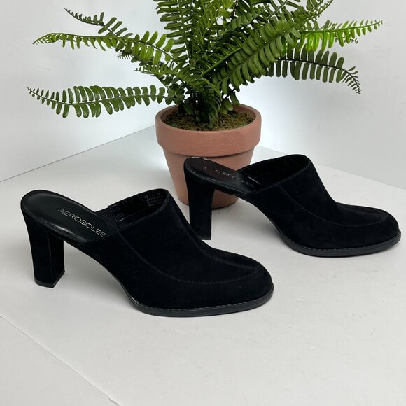 Aerosoles Black Suede Y2K Block Heel Mules Size 8 Slip On Retro 90s Minimalist - Picture 5 of 10